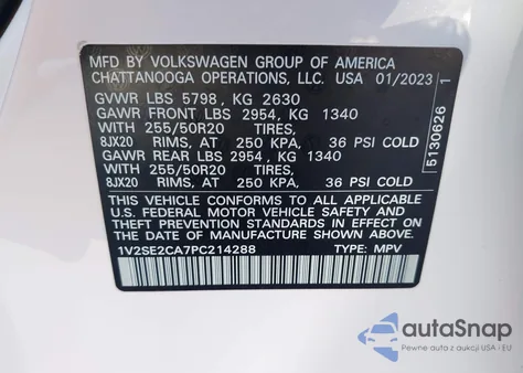 2023 Volkswagen Atlas Cross Sport 3.6L V6 Sel/3.6L V6 Sel R-Line Black z USA, uszkodzony, nr VIN 1V2SE2CA7PC214288